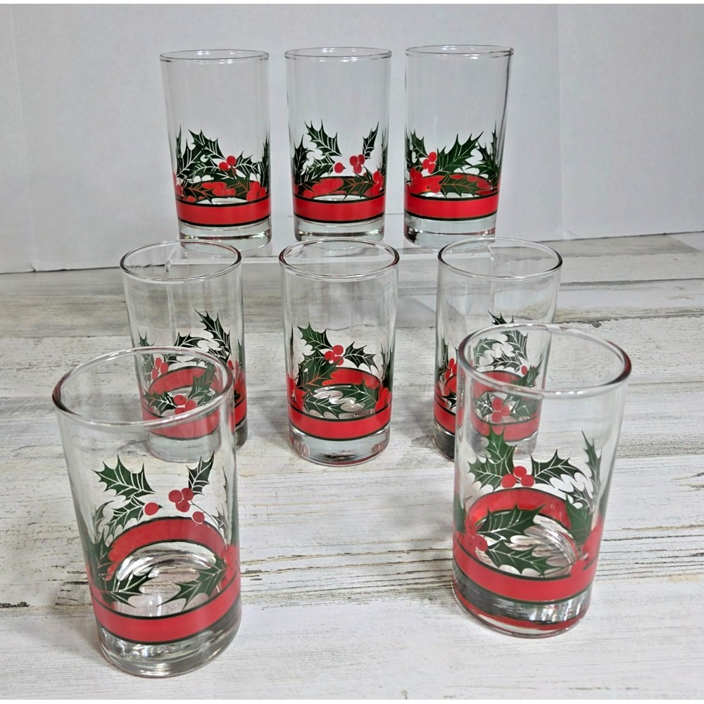 Vintage Libbey Christmas Holly Berries Tumbler Glasses Set of 8 Holiday 12oz 5"